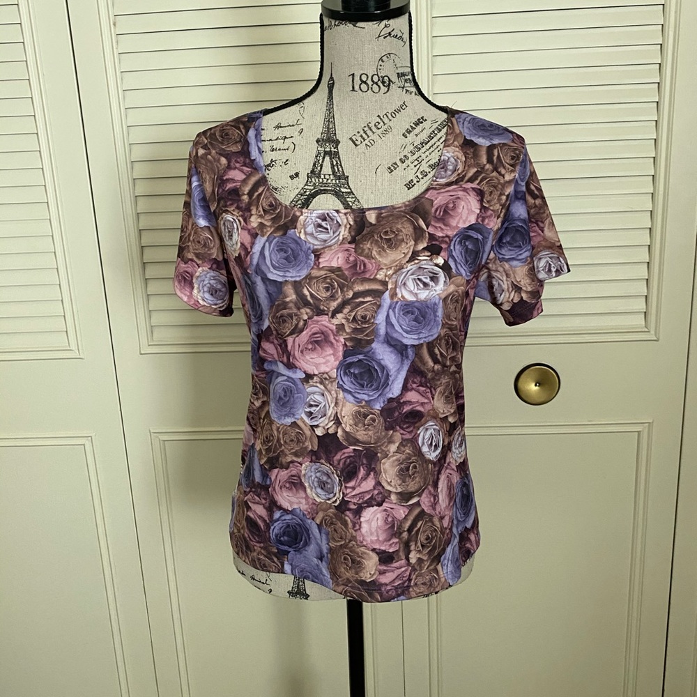 Western Connection pink purple pastel color digital print floral rose blouse 90s